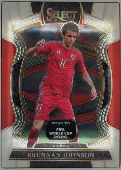 Front of 2025-26 Panini - Select Road to FIFA World Cup 2026 Soccer Brennan Johnson #8 Base Terrace, portrait soccer card front at 0 degrees. A dark textured top panel carries a large metallic SELECT logo with "25" and "26" flanking its base. A…