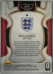 Back of 2025-26 Panini - Select Road to FIFA World Cup 2026 Soccer Declan Rice #41 Terrace, upright portrait-oriented card back. A decorative white, gray, gold, red, and black frame surrounds a large cream central panel. The top center…