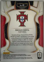 Back of 2025-26 Panini Select Road to FIFA World Cup 2026 Soccer Diogo Costa #49 Terrace, portrait-oriented statistics/highlight back. A black-and-gold header at the top contains “No. 49” and “TERRACE.” The Portugal Football Federation…
