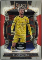 Front of 2025-26 Panini Select Road to FIFA World Cup 2026 Soccer Diogo Costa #49 Terrace, upright portrait front. A central die-cut-style arched window shows a painted full-body image of a male goalkeeper with short dark hair and beard…