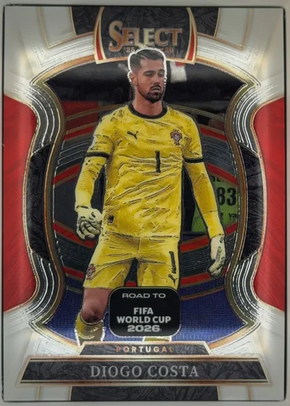 Front of 2025-26 Panini Select Road to FIFA World Cup 2026 Soccer Diogo Costa #49 Terrace, upright portrait front. A central die-cut-style arched window shows a painted full-body image of a male goalkeeper with short dark hair and beard…