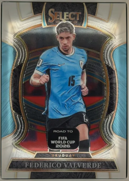 Front of 2025-26 Panini - Select Road to FIFA World Cup 2026 Soccer Federico Valverde #16 Terrace, front-facing portrait soccer card. A centered action image shows Federico Valverde wearing Uruguay's light-blue jersey with number 15. The upper…