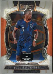 Front of 2025-26 Panini - Select Road to FIFA World Cup 2026 Soccer Jurrien Timber #90 Terrace, front, upright portrait soccer card. At the top a metallic SELECT logo sits above the partially obscured season figures '25 and '26. A central…
