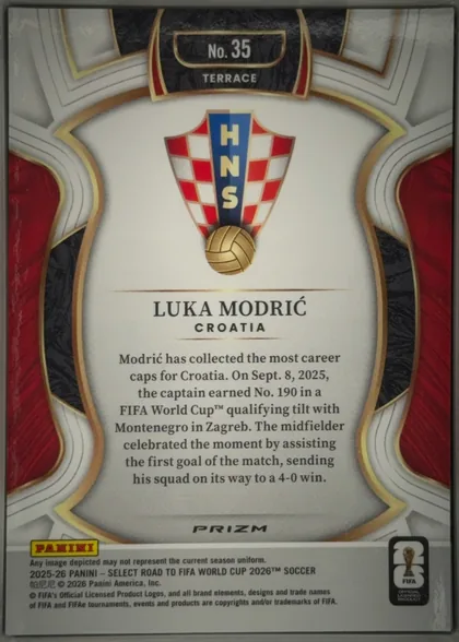 Back of 2025-26 Panini Select Road to FIFA World Cup 2026 Soccer Luka Modrić #35 Refractor, upright portrait-oriented card back. A dark textured top plaque contains "No. 35" and "TERRACE". The central area shows the Croatia crest with HNS…