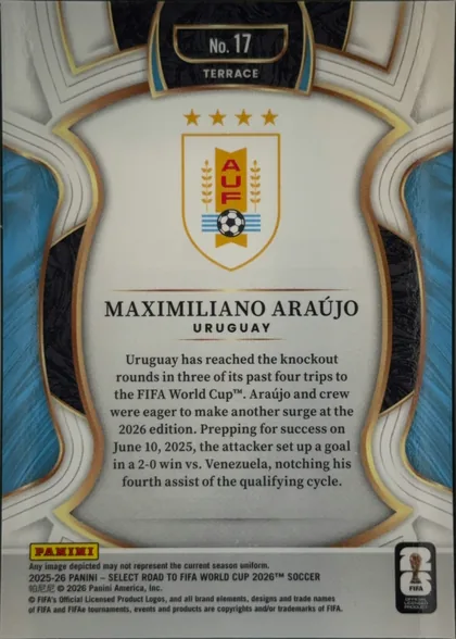 Back of 2025-26 Panini - Select Road to FIFA World Cup 2026 Soccer MAXIMILIANO ARAÚJO #17 Base Terrace, upright portrait-oriented card back. A large ornate white and light-gray central panel is framed by gold, bronze, black textured, and blue geometric…