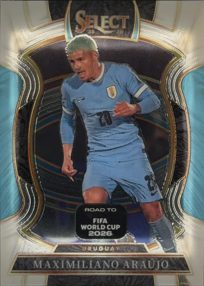Front of 2025-26 Panini - Select Road to FIFA World Cup 2026 Soccer MAXIMILIANO ARAÚJO #17 Base Terrace, upright portrait soccer card front. The top center displays the SELECT logo with "25 26" beneath it. A soccer player in a light blue Uruguay kit is…