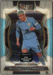 Front of 2025-26 Panini - Select Road to FIFA World Cup 2026 Soccer MAXIMILIANO ARAÚJO #17 Terrace, upright portrait soccer card front. The top center displays the SELECT logo with "25 26" beneath it. A soccer player in a light blue Uruguay kit is…