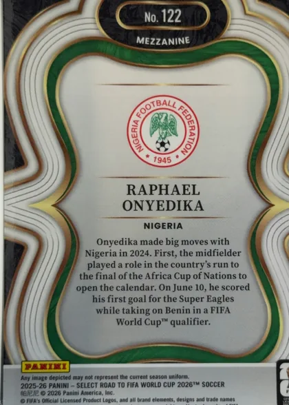 Back of 2025-26 Panini - Select Road to FIFA World Cup 2026 Soccer Raphael Onyedika #122 Mezzanine, upright portrait-oriented card back. A black top plaque with gold trim holds "No. 122" and "MEZZANINE." The body is a light gray/cream panel framed…