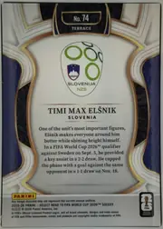Back of 2025-26 Panini – Select Road to FIFA World Cup 2026 Soccer Timi Max Elšnik #74 Base Terrace, upright portrait-format card back. A dark navy ornamental header at the top contains "No. 74" and "TERRACE" in white. The center shows the Slovenia…