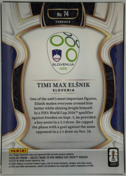Back of 2025-26 Panini – Select Road to FIFA World Cup 2026 Soccer Timi Max Elšnik #74 Base Terrace, upright portrait-format card back. A dark navy ornamental header at the top contains "No. 74" and "TERRACE" in white. The center shows the Slovenia…