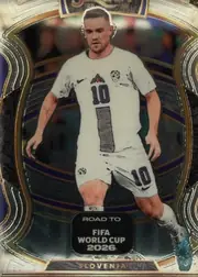 Front of 2025-26 Panini – Select Road to FIFA World Cup 2026 Soccer Timi Max Elšnik #74 Base Terrace, portrait-oriented soccer card front showing a player in a white Slovenia kit with number 10, centered within a dark stadium-like background. A black…