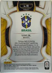 Back of 2025-26 Panini - Select Road to FIFA World Cup 2026 Soccer VINI JR. #99 Base Terrace, upright portrait-format card back. A large CBF crest and the word BRASIL occupy the upper center. Below a horizontal divider, the centered identity…
