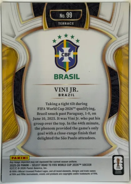 Back of 2025-26 Panini - Select Road to FIFA World Cup 2026 Soccer VINI JR. #99 Base Terrace, upright portrait-format card back. A large CBF crest and the word BRASIL occupy the upper center. Below a horizontal divider, the centered identity…