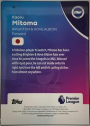 Back of 2025-26 Topps Chrome Premier League Kaoru Mitoma #45, back of a portrait-oriented soccer card. Card number 45 appears near the upper-left. The upper section has blue and dark purple areas with the…