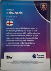 Back of 2025-26 Topps Chrome Premier League Soccer Marcus Edwards #52 Base, back of a portrait-oriented football card. The upper-left shows card number 52, followed by the player name Marcus Edwards in large white type…