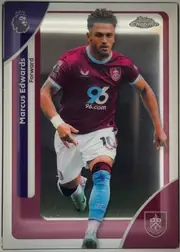 Front of 2025-26 Topps Chrome Premier League Soccer Marcus Edwards #52 Base, portrait soccer card front. A full-body image of Marcus Edwards in a burgundy Burnley kit occupies the central photograph. The left vertical panel…