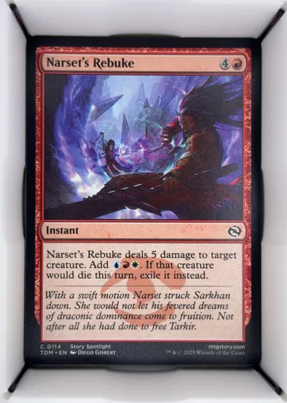 Front of 2025 Wizards of the Coast Tarkir: Dragonstorm Narset's Rebuke #0114 Story Spotlight, front (gameplay) face of a Magic: The Gathering instant. Top title bar reads 'Narset's Rebuke' in a dark serif font on a peach background with a '4'…