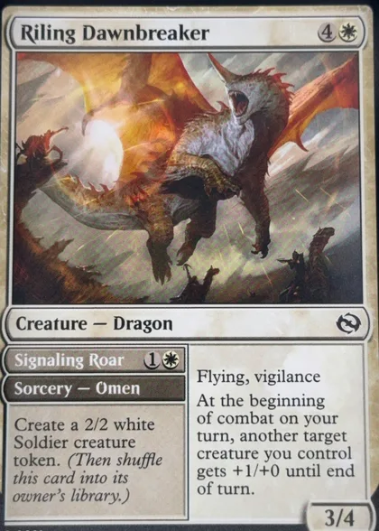 Front of 2025 Wizards of the Coast Tarkir: Dragonstorm Riling Dawnbreaker #0021 normal, front of a white Magic: The Gathering creature card. Top name bar reads 'Riling Dawnbreaker' in dark serif type, with mana cost 4 plus one white sun…