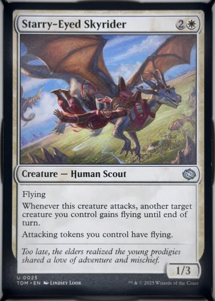 Front of 2025 Wizards of the Coast Tarkir: Dragonstorm Starry-Eyed Skyrider #0025 Normal, front face of a portrait Magic: The Gathering card. Top title bar in white with 'Starry-Eyed Skyrider' left and mana cost '2' plus a white sun…