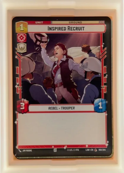 Front of 2026 Fantasy Flight Games A Lawless Time Inspired Recruit #180/264 Standard, portrait-oriented game card front. A black border surrounds a red-and-white framed illustrated scene showing a central woman raising an arm amid…