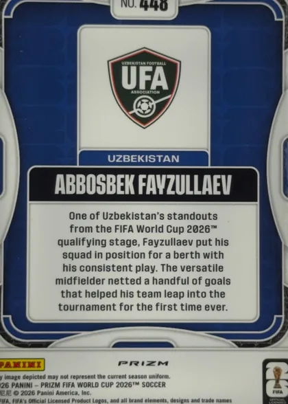 Back of 2026 Panini Prizm FIFA Abbosbek Fayzullaev #448, back of a soccer card with a dark blue patterned field, white and silver rounded frame graphics, and a central white panel. The Uzbekistan Football…