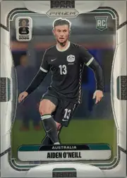 Front of 2026 Panini Prizm FIFA Aiden O’Neill #139 Base, portrait soccer card front. Aiden O’Neill is shown in an Australia black kit with number 13, running on a soccer field. The top center has PANINI…