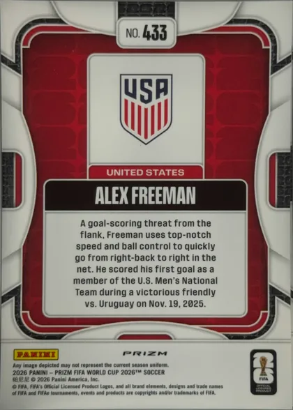 Back of 2026 Panini Prizm FIFA Alex Freeman #433 Base, upright portrait-oriented card back. A white number tab at the top reads "NO. 433". The center features a USA shield crest on a white panel, with…