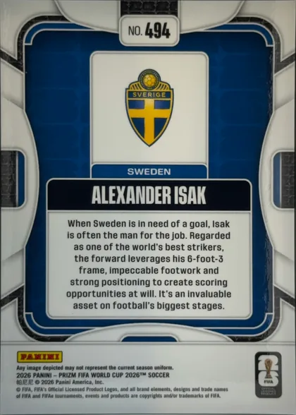 Back of 2026 Panini Prizm FIFA Alexander Isak #494, portrait-oriented card back. A blue patterned field occupies the center, framed by layered white and black/silver geometric borders. The card number…