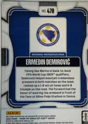 Back of 2026 Panini Prizm FIFA Ermedin Demirović #470 Base, portrait-oriented card back. A white number tab at the top reads NO. 470. The upper center contains the Bosnia-Herzegovina football federation crest…