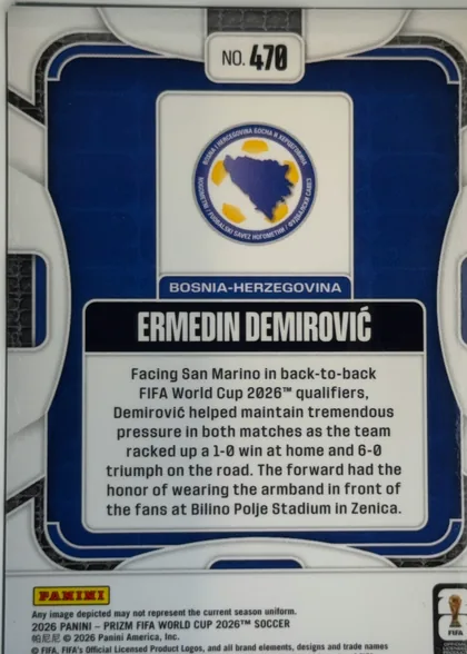 Back of 2026 Panini Prizm FIFA Ermedin Demirović #470 Base, portrait-oriented card back. A white number tab at the top reads NO. 470. The upper center contains the Bosnia-Herzegovina football federation crest…