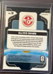 Back of 2026 Panini Prizm FIFA Global Reach Ellyes Skhiri #20 Prizm, upright portrait-oriented card back. A black-and-white geometric frame surrounds a blue central design. The card number "No. 20" appears in the…