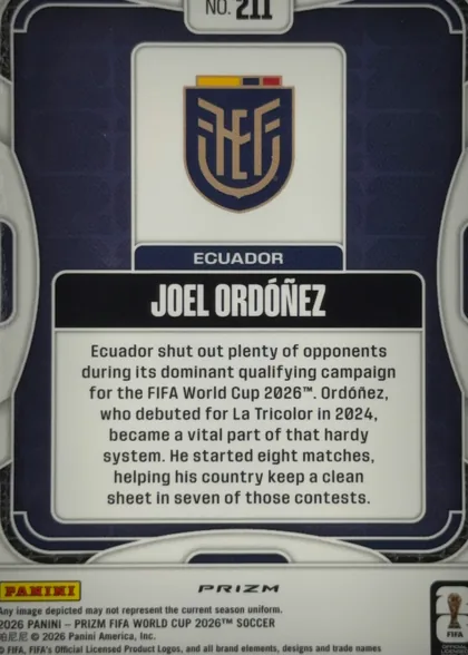 Back of 2026 Panini Prizm FIFA Joel Ordoñez #211 Prizm, upright portrait-oriented soccer card back. A dark navy field is framed by rounded white linework. At the top center is a white number panel reading…