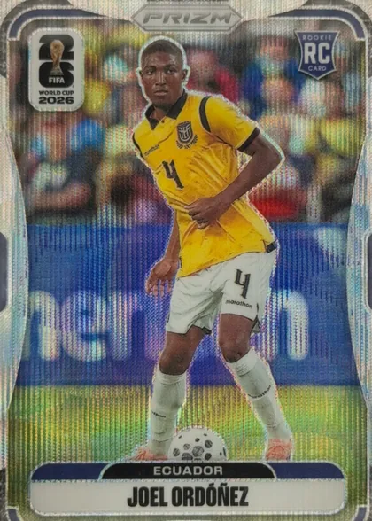 Front of 2026 Panini Prizm FIFA Joel Ordoñez #211 Prizm, front of a soccer card with a Prizm refractor (rainbow holo) finish covering the whole surface. A cutout photo of a player in a yellow Ecuador…