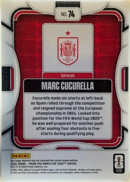 Back of 2026 Panini Prizm FIFA Marc Cucurella #74 Base, portrait-oriented card back with a red repeating geometric background, white rounded outer border, and centered white panel containing the Spain…
