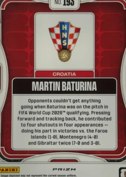Back of 2026 Panini Prizm FIFA Martin Baturina #193 Base, upright card back with a red geometric patterned background and white rounded border. A Croatia crest is centered near the top above a red Croatia…