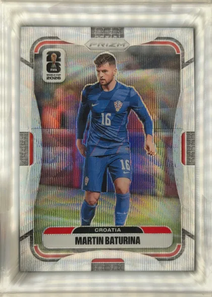 Front of 2026 Panini Prizm FIFA Martin Baturina #193 Base, upright portrait soccer card. A Croatian player in a blue uniform is shown full-length in an action pose against a stadium background. The FIFA…