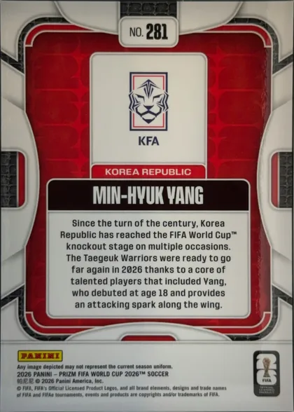 Back of 2026 Panini Prizm FIFA MIN-HYUK YANG #281, upright portrait-format card back. Card number "NO. 281" is centered at the top. A red patterned field with white and gray geometric framing…