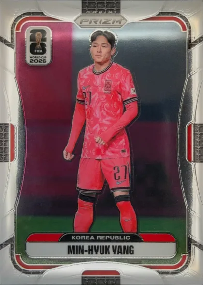 Front of 2026 Panini Prizm FIFA MIN-HYUK YANG #281, upright portrait-format front. A metallic silver and black frame surrounds a central full-body photograph of Min-Hyuk Yang wearing a red Korea…