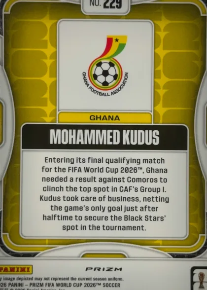 Back of 2026 Panini Prizm FIFA Mohammed Kudus #229, back of a soccer trading card with a gold/yellow patterned field and rounded white-gray border. A white central panel contains the Ghana Football…