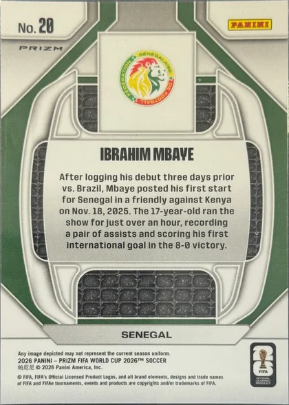 Back of 2026 Panini Prizm FIFA New Era IBRAHIM MBAYE #20, upright portrait-oriented card back. The upper-left contains "No. 20" and PRIZM branding, while the upper-right has a PANINI logo. A Senegal…
