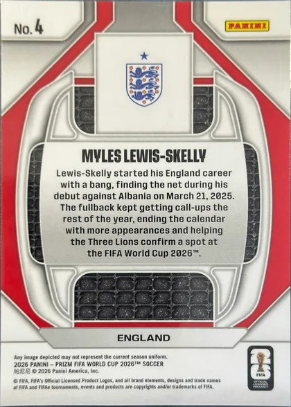 Back of 2026 Panini Prizm FIFA New Era MYLES LEWIS-SKELLY #4 New Era, upright portrait-format card back. A white and silver-gray geometric frame with prominent red angular accents surrounds a dark textured central…