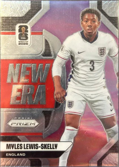 Front of 2026 Panini Prizm FIFA New Era MYLES LEWIS-SKELLY #4 New Era, front-facing portrait soccer card. A full-body image of Myles Lewis-Skelly in a white England kit occupies the right side. The left side contains a…