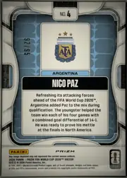 Back of 2026 Panini Prizm FIFA Nico Paz #No. 4 Purple Wave Prizm /95, serial numbered 62/95, portrait-oriented card back. A blue patterned field is framed by layered white, silver-gray, and dark borders. At the top is a white rounded label…