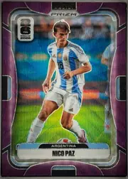 Front of 2026 Panini Prizm FIFA Nico Paz #No. 4 Purple Wave Prizm /95, serial numbered 62/95, portrait-format soccer card front. A full-body image of Nico Paz in an Argentina striped kit occupies the center against a colorful stadium-like…