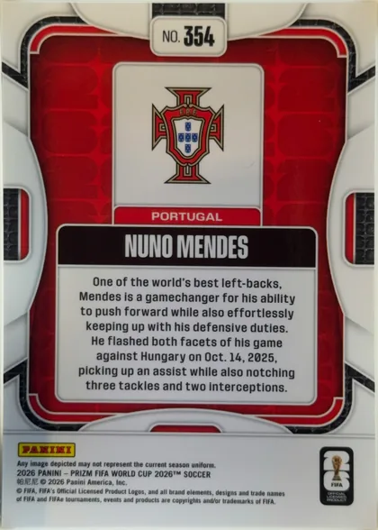 Back of 2026 Panini Prizm FIFA Nuno Mendes #354 Silver Prizm, upright portrait-format card back. The top center has a white label reading "NO. 354". A red-and-black patterned panel surrounds a centered Portugal…