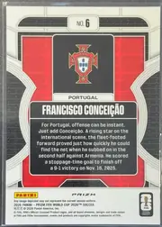 Back of 2026 Panini Prizm FIFA Phenomenon FRANCISCO CONCEIÇÃO #6, upright portrait-oriented card back. A white border surrounds a black, white, and red geometric design. Card number "NO. 6" is centered at the top…