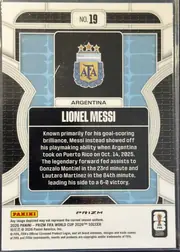 Back of 2026 Panini Prizm FIFA Phenomenon Lionel Messi #19, upright portrait-oriented card back. A white top panel contains the centered card number "NO. 19". Below it is an Argentina crest in a black…