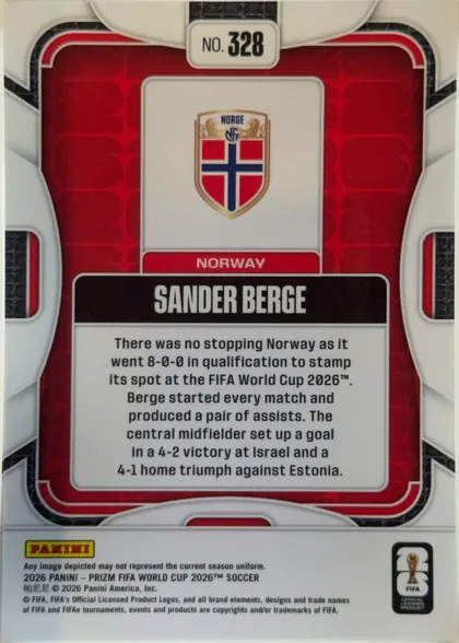 Back of 2026 Panini Prizm FIFA Sander Berge #328, portrait-oriented soccer card back with a red patterned central panel framed by white and black geometric sculpted side elements. A white rounded…