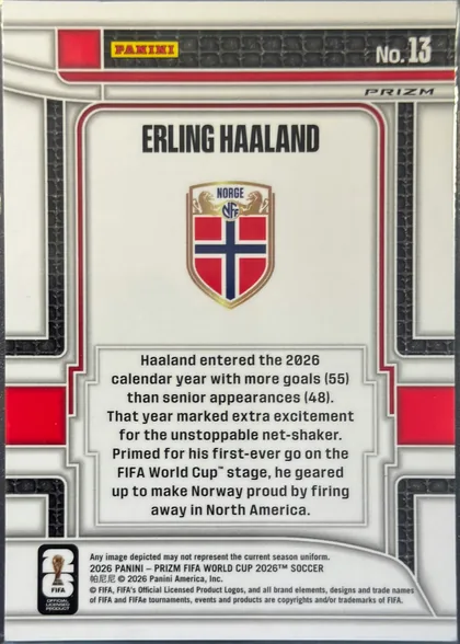 Back of 2026 Panini Prizm FIFA Scorers Club Erling Haaland #13 Prizm refractor (rainbow foil), portrait-oriented card back. PANINI appears in a yellow-red logo in the upper-left area, PRIZM is printed near the upper-right, and No. 13 is at the…