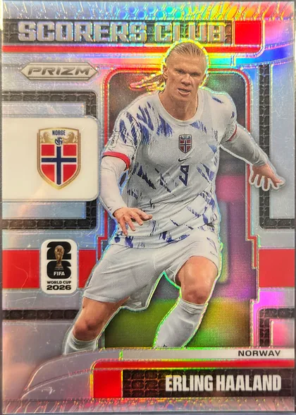 Front of 2026 Panini Prizm FIFA Scorers Club Erling Haaland #13 Prizm refractor (rainbow foil), front of a Prizm soccer card. A top dark banner reads 'SCORERS CLUB' in chrome/metallic capital letters with red accent blocks at the right. Below…